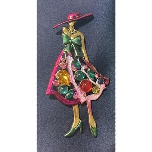 Multicolor Enamel Rhinestone Glass Woman In Hat Brooch Pin Pendant Costume
